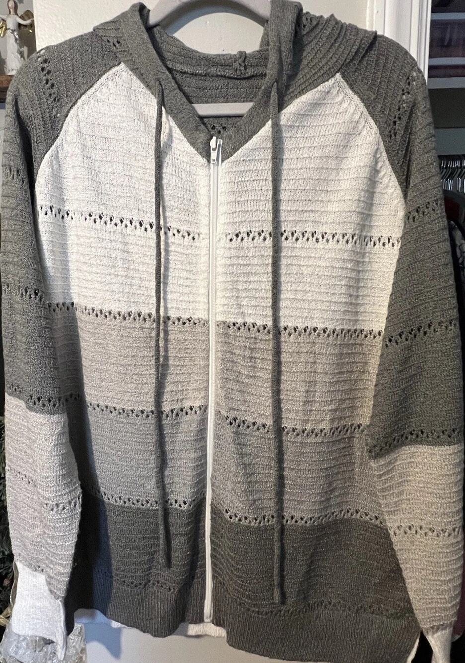 Lace Look Effect Woman’s Zip Up Sweater w/ Hood Gray Ombre Striped Size 2xl